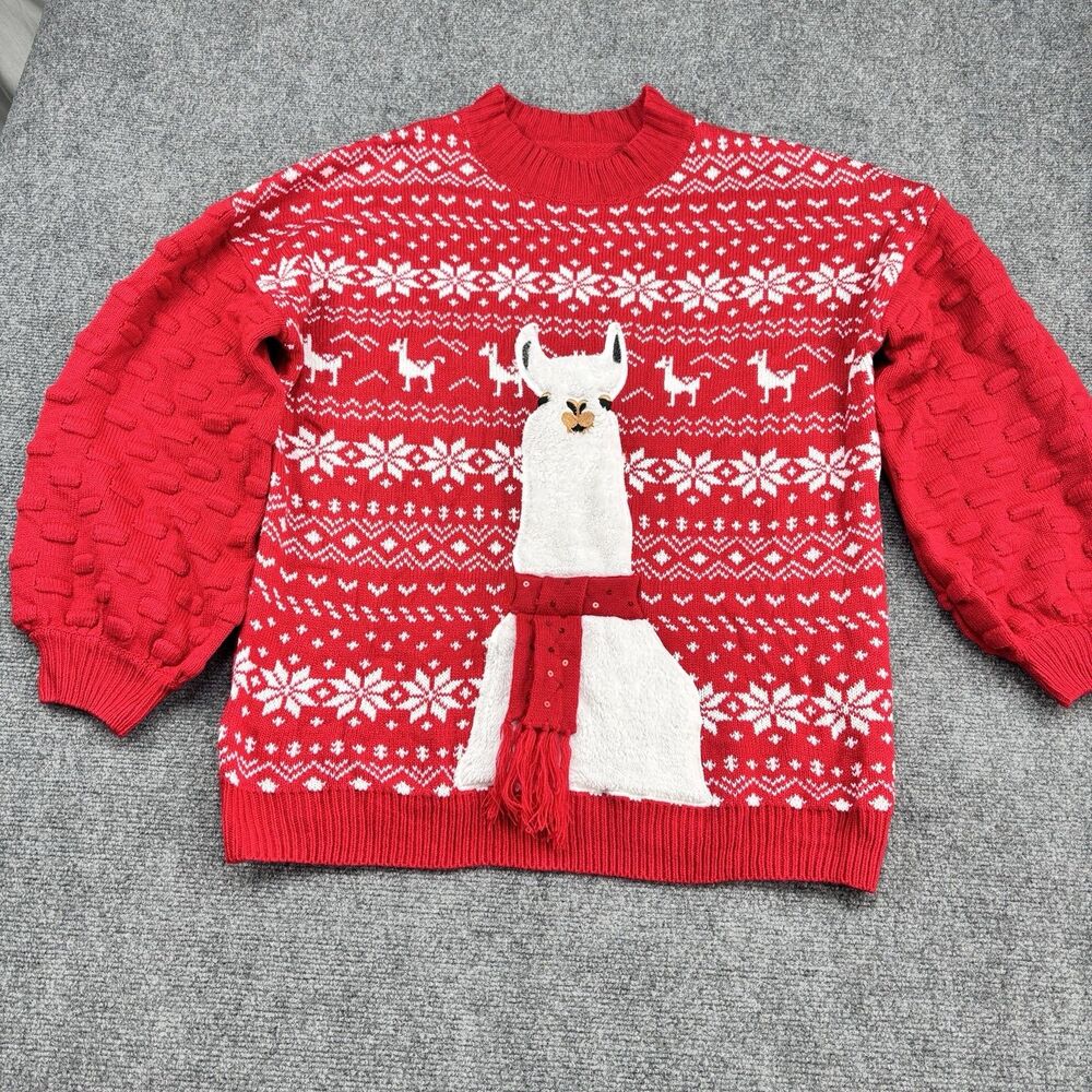 XL Red Ugly Christmas Sweater Llama 3D Applique Fair Isle Knit 100% Acrylic